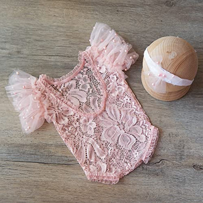 Zeroest Newborn Photography Outfits Girl Lace Romper Newborn Photography Props Rompers Baby Girls Skirt Photoshoot 3 PCS - color: Pink-short Sleeve