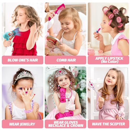 VViN Kids Vanity Set for Girls with Light & Music, Princess Vanity Table with Stool, Pretend Makeup Dresser with Crown, Scepter, Gloves & Jewelry Accessories, Toys for 3 4 5 Year Old