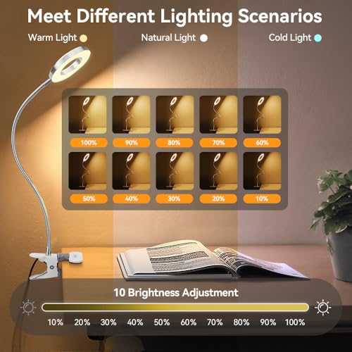 Skymore Clip on Light -3 Color Modes&10 Brightness LED Reading Desk Light with Clamp Flexible Gooseneck Book Light for Kids' Bedtime Reading, Zoom Meetings, Clip on Table, Headboard, Dorm&Office Use - color: Silver