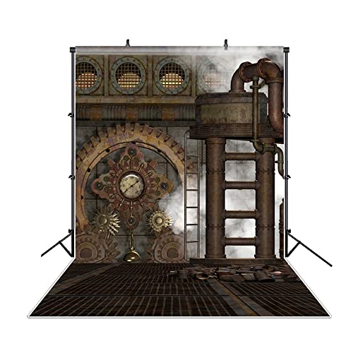 4x6ft Polyester Antique Vintage Rusty Steampunk Backdrop Industrial Gear Metal Clock Old Metal Gearwheel Photography Background Steam Machine Nostalgia Iron Chain Pipelines Photo Props - color: Black 10452, size: 4x6ft-Polyester