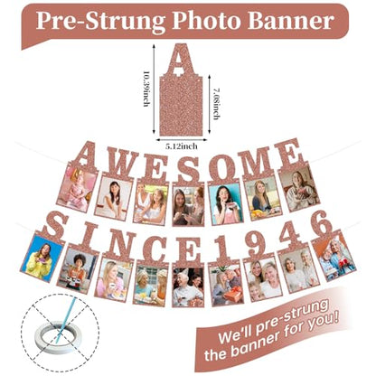 Pre-strung Awesome Since 1946 Photo Banner Birthday Decorations for Women- Pink Rose Gold Glitter 80th Birthday and Anniversary Decorations Party Supplies - style: Pink Rose Gold 80th