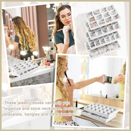 Junkin 12 Pcs Jewelry Tray Velvet Stackable Jewelry Organizer Trays Divided Earring Accessories Storage Containers Box (Rose Red) - color: White