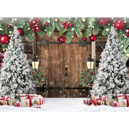 8x10ft Christmas Backdrop Snowy Wooden Door Background Pine Garland Christmas Trees Gifts Lanterns Red Gold Ornament Winter Photography Backdrop Xmas Party Banner Home Wall Decoration 114 - size: 10 x 8ft