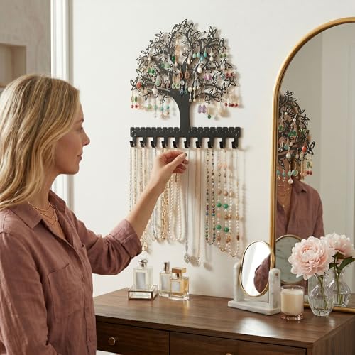 Jewelry Organizer Earring Holder Tree of Life Wall Mounted or Hanging Necklace and Bracelet Holder Metal Jewelry Display with Hooks for Studs Mother’s Day Gift for Women Mom Wife Daughter (Style1)