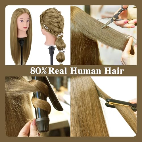 28 Inch Mannequin Head 80% Human Hair with Tripod Stand,Mannequin Cosmetology Manikin Practice Doll Head with stand,Braiding Hairdressing Head for Hair Styling with Table Clamp + DIY Hair Styling Set - color: Blonde#27B
