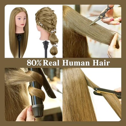 28 Inch Mannequin Head 80% Human Hair with Tripod Stand,Mannequin Cosmetology Manikin Practice Doll Head with stand,Braiding Hairdressing Head for Hair Styling with Table Clamp + DIY Hair Styling Set - color: Blonde#27B