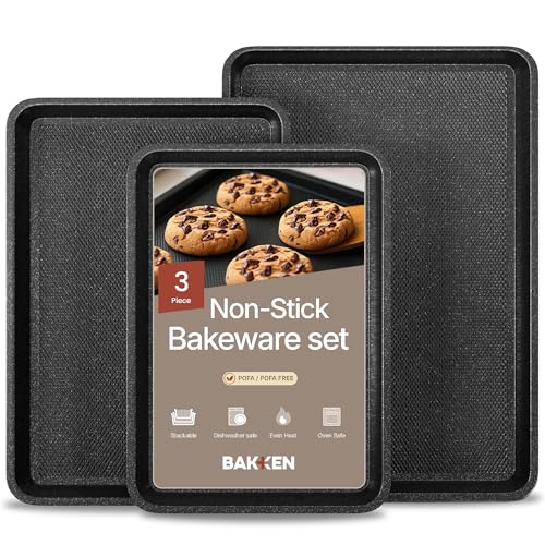 BAKKEN Kitchen Baking Pans - Small, Medium, and Large Cookie Pan (13.58×9.65, 15.75×11, 17.91×12.60), Nonstick, Diamond Texture Bottom, PFOA, PFOS, PTFE Free, Oven Safe (450°F), Pack of 3, Gray Marble - color: Gray Marble, size: Pack of 3