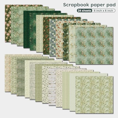 Vintage Green Scrapbooking Paper Pad - 6 Inch 24 Sheets Flowers Aesthetic Patterns for Photos Album Journals Decorative Collage Card Making Wedding DIY Crafts Gifts Wrapping Material - color: Retro Green Flower