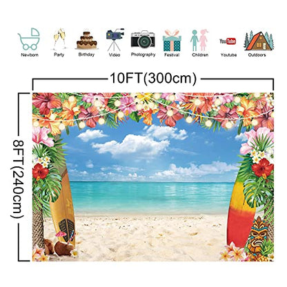 10x8ft Summer Hawaiian Luau Beach Backdrop for Photography Tropical Flower Luau Hawaiian Party Decorations Aloha Blue Sky Ocean Palm Leaves Background Supplies Photoshoots - size: 10'x8'