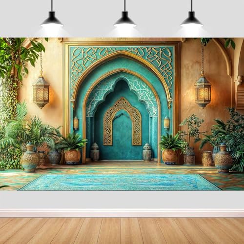 5X3ft DYNH Arabian Moroccan Nights Party Backdrop, Morocco Palace Arch Architecture Middle Eastern Teal Luxurious Backdrop for Moroccan Wedding Birthday Party Background Decorations Photo Studio Props - color: Turquoise1, size: 5 x 3 ft