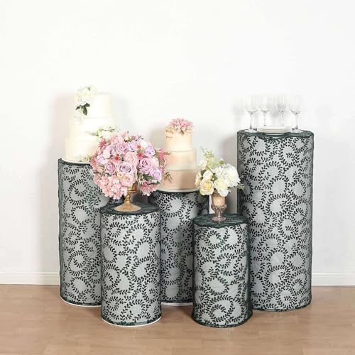 Efavormart Set of 5 Hunter Emerald Green Sequin Mesh Cylinder Display Box Stand Covers with Leaf Vine Embroidery, Sparkly Sheer Tulle Pedestal Pillar Prop Covers - color: Hunter Green, size: Sequin Mesh Cylinder Covers - Leaf Pattern