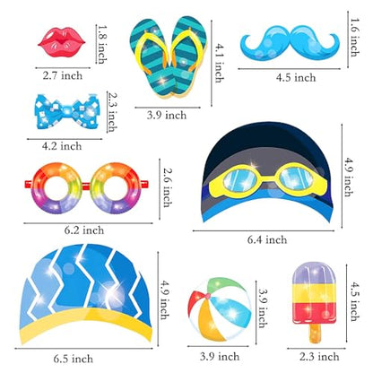 25Pcs Pool Photo Booth Props with Stick, Beach Theme Selfie Props, Summer Birthday Party Supplies, Swimming Photography Backdrop Decorations