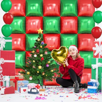 Red Green Square Foil Balloon Wall,25Pcs Double Sided Balloon Backdrop Helium Balloons Tunnel Arch Garland Kit for Christmas Birthday Anniversary Party Decorations - style: Red Green