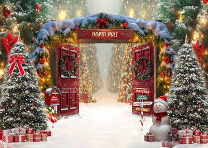 8x6ft Fabric Christmas Backdrop Winter Forest Wooden Barn Door North Pole Snowy Xmas Tree Photography Background Family Holiday Party Decor Photo Props 346 - size: 8x6ft