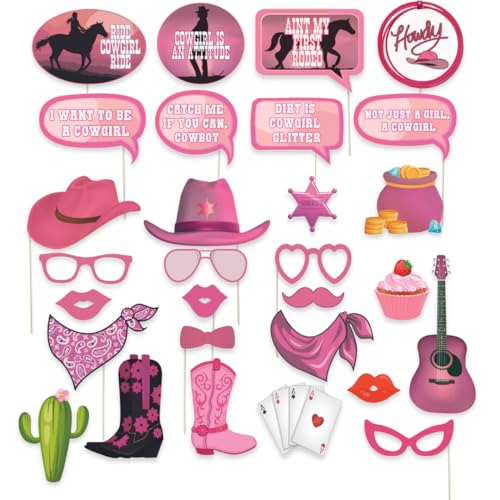 Cowgirl Photo Booth Props - 29 Pcs Pink Bachelorette Party Decorations, Western Cowboy Party Signs, Wild West Cut Outs, Texas Decor for Birthdays, Weddings - Western Nashville Photo Props by Scapa Pro - color: Pink