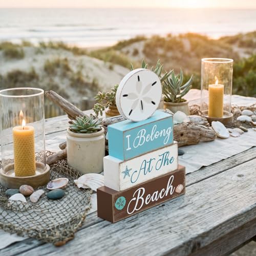 GlikCeil 4 Pcs Summer Sand Dollars Wooden Table Decorations Centerpieces Blocks Sand Dollars Summer Beach Tiered Tray Table Top Sign Decor for Office Dining Room Mantle Home Wood Party Supplies - style: Beach