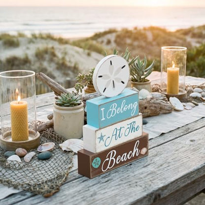 GlikCeil 4 Pcs Summer Sand Dollars Wooden Table Decorations Centerpieces Blocks Sand Dollars Summer Beach Tiered Tray Table Top Sign Decor for Office Dining Room Mantle Home Wood Party Supplies - style: Beach