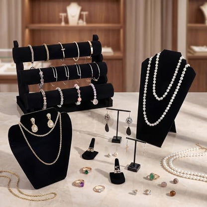 Geelin 19 Pcs Velvet Jewelry Display Set for Flat Necklace Stand 3-tier Bracelet Stand Earrings Holder Ring Finger Holder(Classic)