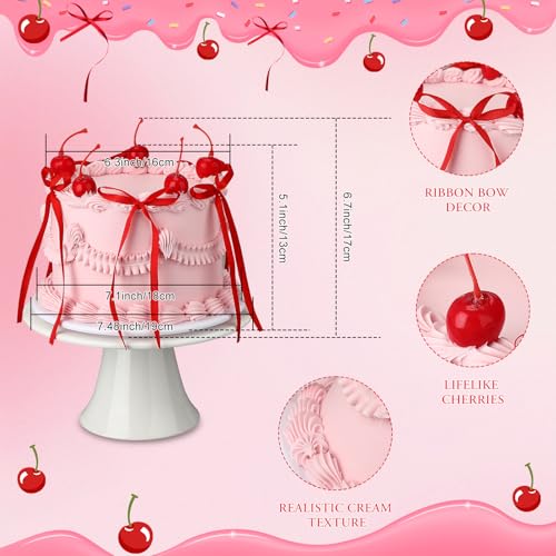 Shappy Cherry Bow Cake Decoration Pink Fake Cake with Realistic Artificial Cherries Toppers and Bows Coquette Room Decor for Birthday Wedding Bridal Shower Party Supplies Dessert Display Photo Props