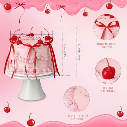 Shappy Cherry Bow Cake Decoration Pink Fake Cake with Realistic Artificial Cherries Toppers and Bows Coquette Room Decor for Birthday Wedding Bridal Shower Party Supplies Dessert Display Photo Props