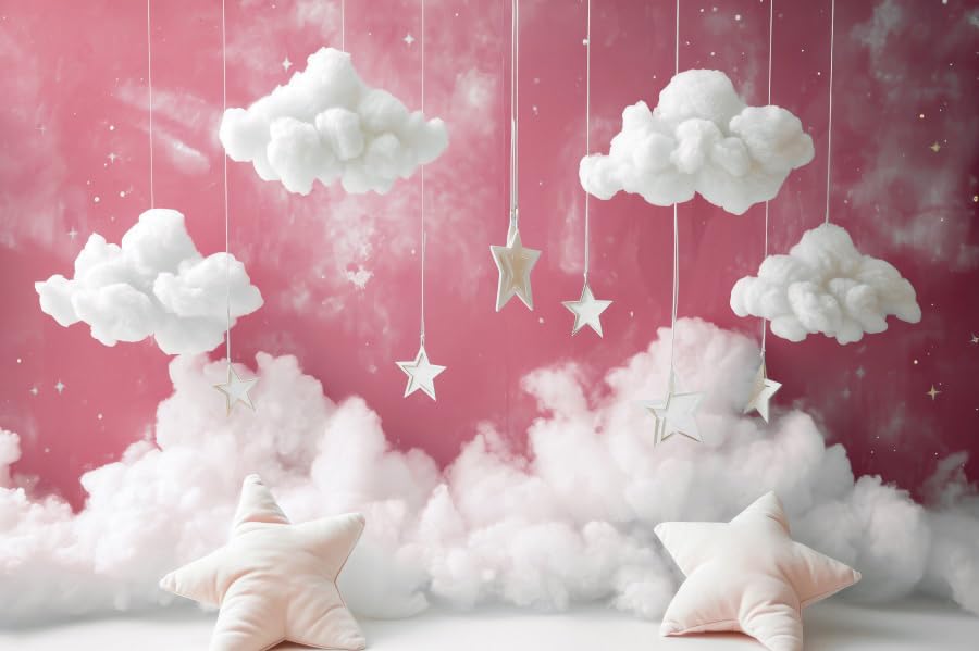 Yeele 10x5ft Girl Baby Shower Backdrop Starry Star Pillow White Clouds Pink Sky Photography Background for 1st 2nd Girl Birthday Party Baby Shower Party Newborn Portrait Photo Shoot Prop Decor - size: 10x5ft