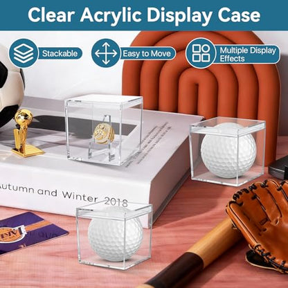 16 Pcs Championship Ring Display Case, 2.17 Inch Acrylic Single Ring Holder with Wooden Stand Base, Small Clear Football Baseball Rings Holder Display Box for Sports Fan Super Bowl Souvenirs