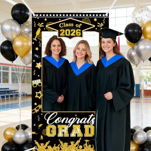 AIBIIN Class of 2026 Graduation Photo Backdrop Black and Gold Graduation Decorations Congrats Grad Party Decoration for High School College