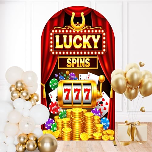 7.2FT Wedding Arch Backdrop Cover Casino Chips Gold Coins Red Curtain Jackpot Slot Machine Lucky Sevens Spandex Fitted Round Top Backdrop Stand Cover for Ceremony Banquet Birthday Party Decoration - color: Color10, size: 7.2FT x 4FT