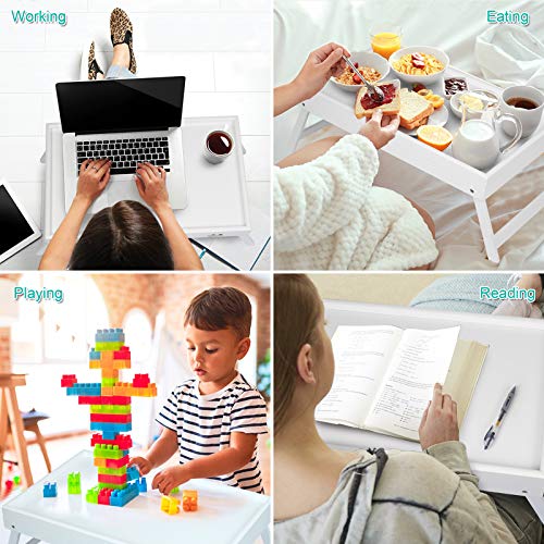 Bamboo Lap Desks Bed Table White Breakfast Tray with Folding Legs Kitchen Serving Tray for Notebook Computer Bed Platters Desk Snack Tray(White) - color: White, size: Large