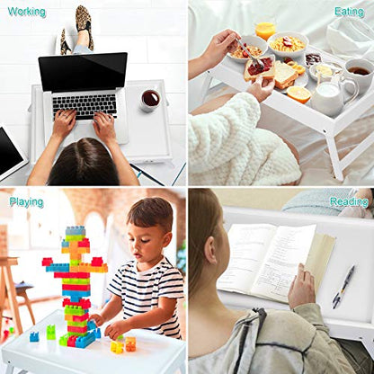 Bamboo Lap Desks Bed Table White Breakfast Tray with Folding Legs Kitchen Serving Tray for Notebook Computer Bed Platters Desk Snack Tray(White) - color: White, size: Large