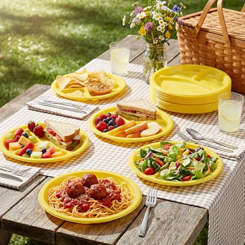 Umigy 100 Pcs 10 Inch 3 Compartments Divided Plastic Plates Bulk Colorful Disposable Heavy Duty Round Dinnerware for Party Valentine Wedding Birthday(Yellow) - color: Yellow
