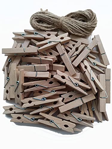 50pcs Small Wood Clothes Pins Pegs Strong Hangers Picture Display Art Craft Clip Clamps Party Wedding Office Decor Wire Clothesline - color: 50pcs (2 Inch) Natural + Jute Twine