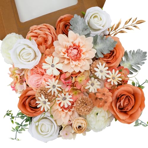 Floweroyal Artificial Flowers Combo Champagne Flowers Mix Silk Flowers Dahlia Roses with Stems for DIY Wedding Bridal Bouquets, Baby Shower, Floral Arrangement, Table Centerpieces, Home Decorations. - color: Light Champagne
