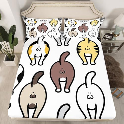 Manfei Lovely Cat Fitted Sheet Cute Kitten Butt of Cat Doodle Bedding Set 2pcs for Kids Boys Animal Theme Sheet Set Soft Polyester Bed Sheets (1 Fitted Sheet + 1 Pillow Case) Twin Size - color: Multi 993, size: Twin (39*75*16")