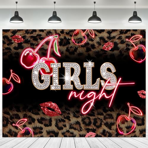 Girls Night Leopard Print Backdrop 5Wx3H Feet Fabric Polyester Neon Red Cherry Lips Birthday Cheetah Fashion Vintage Pretty Woman Girly Photography Background Banner Photo Shoot Decor Prop - color: A-01leopard cherry, size: 5Wx3H