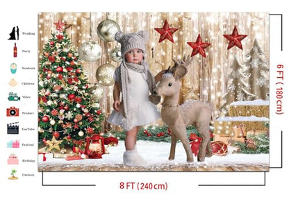 8x6Ft Christmas Backdrops for Photography Winter Snow Backdrop Rustic Wood Floor Backdrop Xmas Tree Gift Christmas Family Party Background - size: 8x6ft