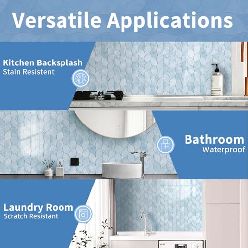 Tilingview 10-Sheet Peel and Stick Backsplash Tile for Kitchen, Self-Adhesive Mosaic Glossy Leaf Stick on Wall Tile with Gaps (Pastel Blue) - color: Leaf Gaps Pastel Blue