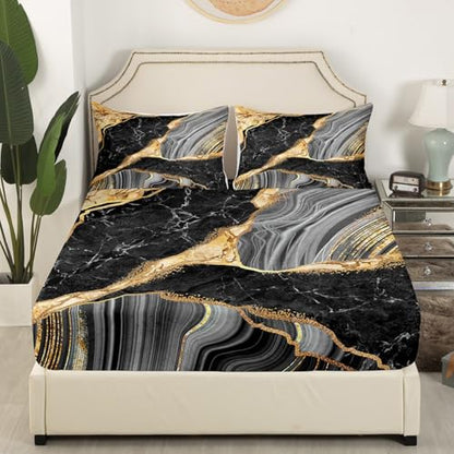 Black Marble Fitted Sheet Gold Metallic Marble Design Bedding Set Abstract Marble Texture Bed Sheet Set Modern Grey Gold Bed Cover Golden Streaks 3Pcs with 2 Pillow Case Full Size - color: Multi Aa01, size: Full