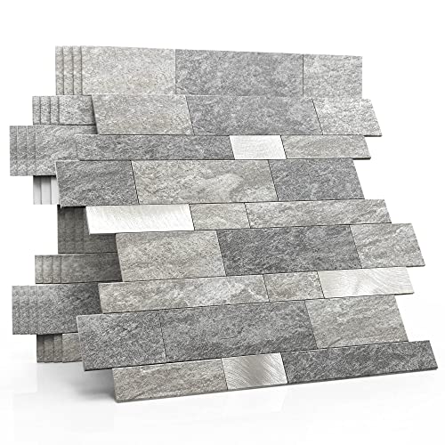 MOFIT Backsplash Tile for Kitchen Peel and Stick Stone Matte Finish,Bathroom Tiles Stickers 3D Wall Panel Linear Mosaic Marble Backsplash Waterproof(10sheets,Gray Silver) - color: Gray Silver, size: 10sheets
