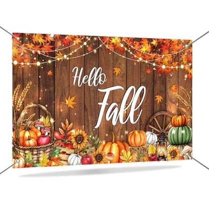 Mocsicka Hello Fall Backdrop Banner Fall Thanksgiving Photography Backdrop Rustic Wooden Door Autumn Pumpkin Harvest Baby Shower Decorations Photo Booth Props 70.8 x 43.3 Inch - size: 70.8 x 43.3 inches