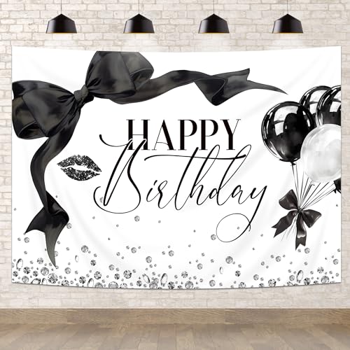 Newsely Black Bow Happy Birthday Banner Backdrop 8Wx6H Photography Girls Coquette Birthday Decorations Black White Bowknot Balloons Background Women Party Decorations Photo Booth Props Supplies - color: A-black bow, size: 8Wx6H