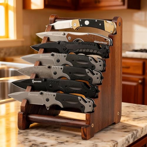 Jarsinjoy Wood Knife Display Stand, Universal Pocket Knife Holder & Fixed Blade Showcase, Solid Wood Knife Rack for Collectors, Holds Up to 8 Knives, Office & Home Decor (No Knives)