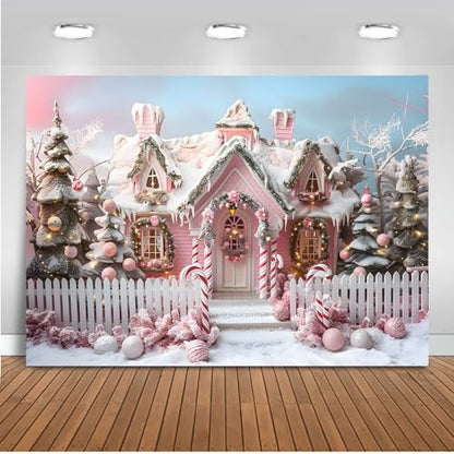 Mocsicka Pink Christmas Backdrop Christmas House Cane Candy Winter Christmas Party Photography Decoration Background Holiday Party Photo Prop Supplies (8x6ft) - size: 8x6ft