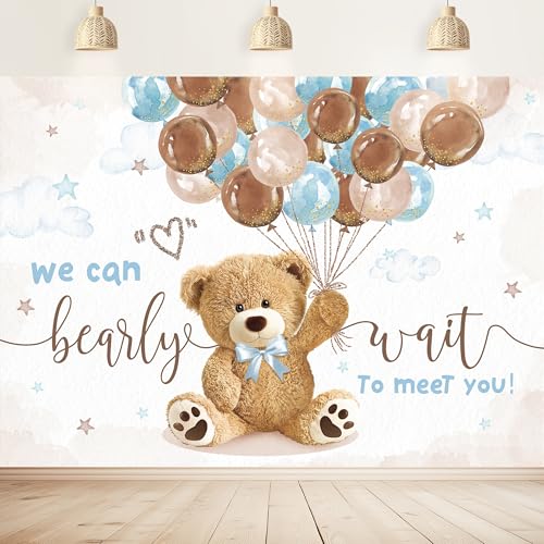 Bear Baby Shower Backdrop 5Wx3H Feet We Can Bearly Wait Brown Blue Balloons Cartoon Kids Boys Cute Polyester Fabric Watercolor Photography Backgrounds Photo Shoot Decor Props Decoration - color: A-Brown Bear01, size: 5Wx3H(Small)