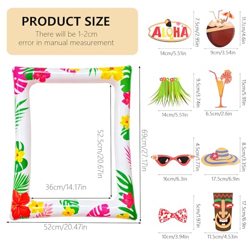 29 PCS Hawaiian Party Photo Booth Props Kit, LMSHOWOWO Inflatable Hawaiian Photo Booth Frame Selfie Frame, Funny Summer Luau Photo Booth Props for Hawaiian Tropical Tiki Summer Pool Party Supplies - color: Colorful Hawaiian