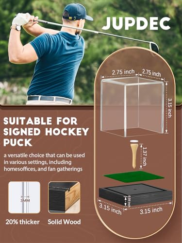 JupDec Golf Ball Display Case Clear Acrylic Memorabilia Stand Cube Holder with Wood Base & Tee, Dust Protection Transparent Storage Box for Single Ball Souvenir Golfball Collections, Black, 1 Pack