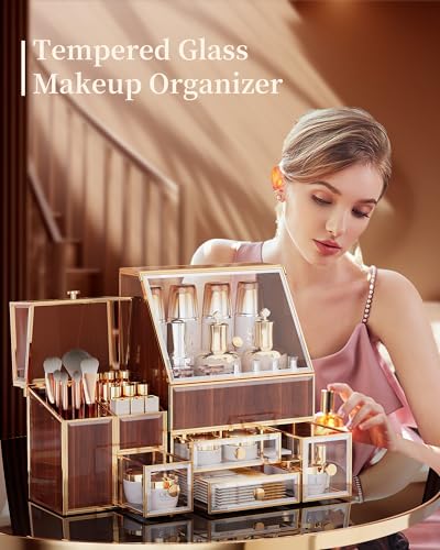 Youdepot Glass Makeup Storage for Vanity and Bathroom Countertop – Large Cosmetic Display Case and Skincare Storage Solution - color: golden yellow