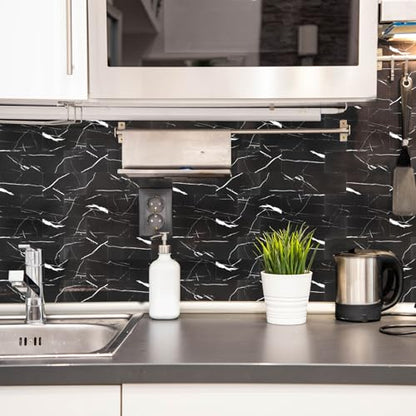 10 Sheets Black Marquina PVC Subway Tiles Peel and Stick Backsplash,12''Heat Resistant Stick on Tiles for Kitchen,Waterproof Peel and Stick Wall Tiles for Bathrrom - color: Black Marquina