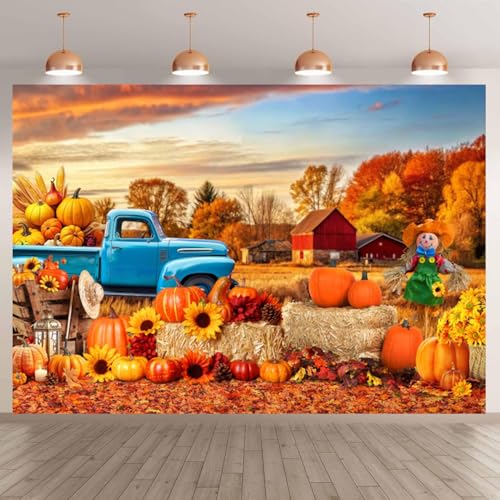 deFouliao Fall Backdrop for Photography Autumn Harvest Thanksgiving Maple Leaves Pumpkins Car Field Background Banner Thanksgiving Party Supplies Photo Booth Props, 9x6ft - color: Gold and Blue, size: 9x6ft