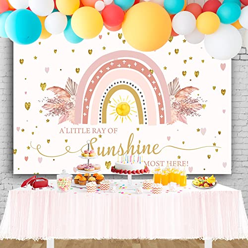 Boho Rainbow Baby Shower Backdrop 7x5ft A Little Ray of Sunshine is Almost Here Boho Pampas Baby Shower Party for Girl Cake Table Background Kids Artistic Portrait Photo Studio Booth Props - size: 7x5ft